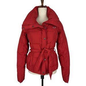 Hollister Jacket Women Small Red Belted Puffer Down Feather Snow Ski Winter